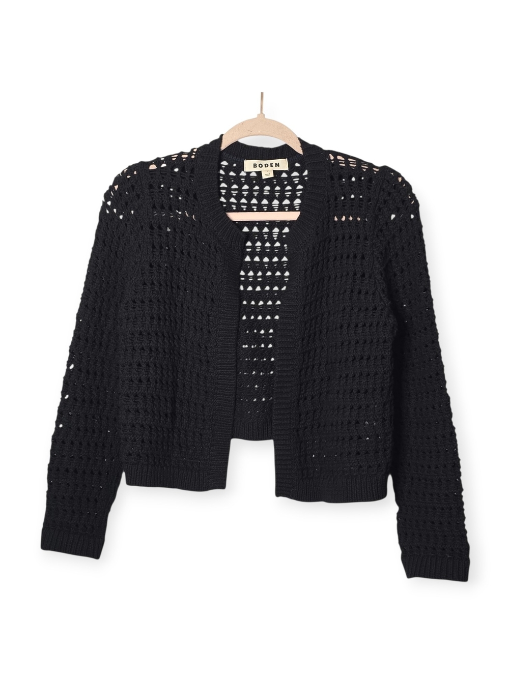 Women's NWOT Boden cropped, crochet open cardigan in black, size small